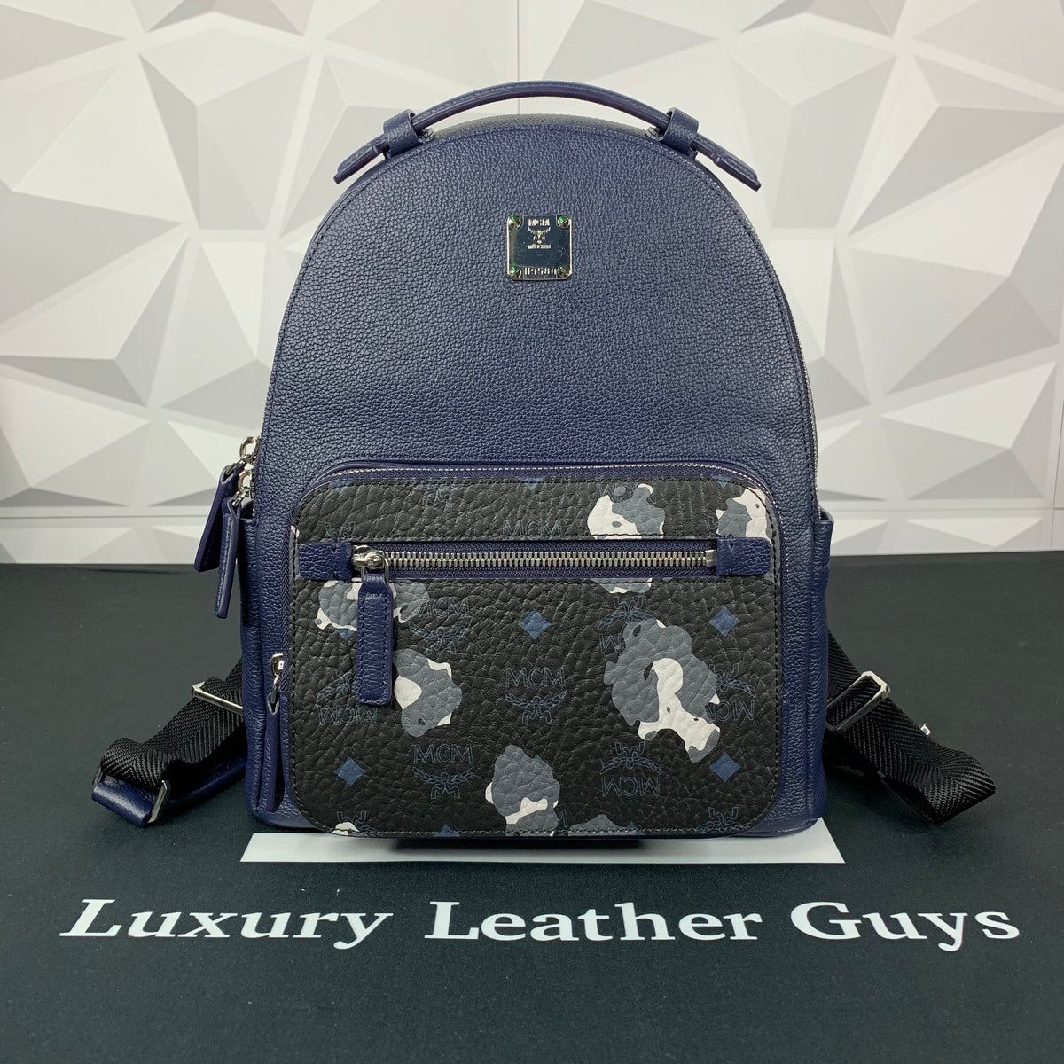 cheap mini mcm backpack boys MCM Small Visetos Navy/Black Camo Backpack – Luxury Leather Guys